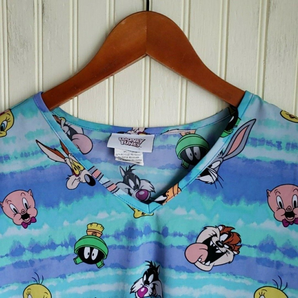 Looney Tunes Blouse Womens Small Blue V Neck Short Sleeve Scrub Tunic Top